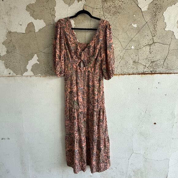 Boho Maxi Dress Cut Out Puff Sleeve Paisley Print Cottagecore Prairie Romantic M - Picture 1 of 6